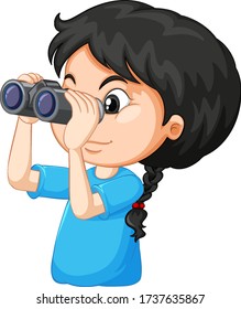 Cute girl looking through binoculars on white background illustration