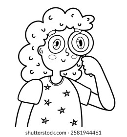 Cute girl is looking through a magnifying glass. Funny kid demonstrating sight human sense in outline. Great for coloring. Vector illustration