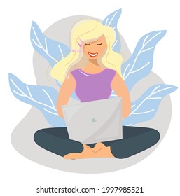 Cute girl in the lotus position with a computer. A woman enthusiastically works or studies against the background of decorative leaves.Vector illustration with gentle shades in cartoon flat style.