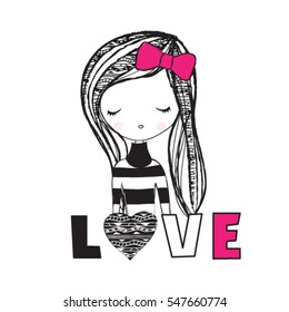 cute girl, love card with girl, T-shirt design for kids vector illustration