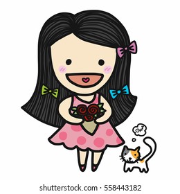 Cute girl in love holding roses bouquet cartoon illustration