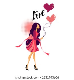 Cute girl. Girl in love. Illustration of a Valentine's Day. 
A girl with long hair in a beautiful dress. Balloons and a bouquet of flowers. Vector illustration for a holiday greeting card, poster, or 