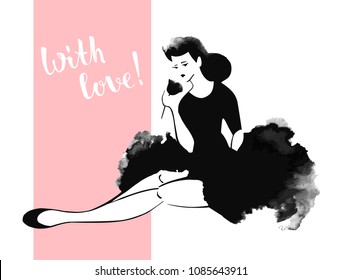 A cute girl in love in a magnificent ball gown sits with a flower in her hand. Handwritten inscription on a gently pink background with love. Illustration for romantic greeting card.