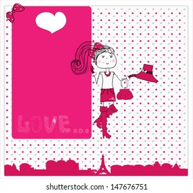 cute girl in love in Paris. card. vector