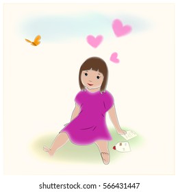 Cute girl in love. Sitting on the grass, reading a letter from a boyfriend. Retro vintage illustration