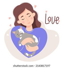 Cute girl love with sleeping cat. Vector illustration. Concept of love for pets. Beautiful female character in flat style for postcards, design and decoration, banners and advertisements
