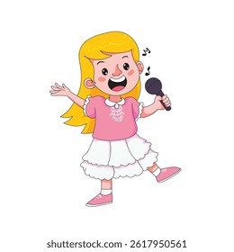 Cute girl in a lovely dress singing with a microphone, fun childhood, education, and hobby concept art.