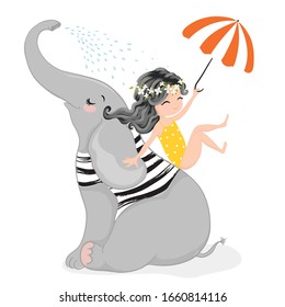 Cute girl with lovely elephant having fun vector illustration, children drawings, greeting cards graphics.