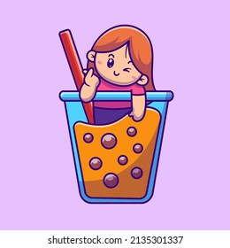 Cute Girl Loving Bubble Tea Cartoon Vector Icon Illustration. People Drink Icon Concept Isolated Premium Vector. Flat Cartoon Style