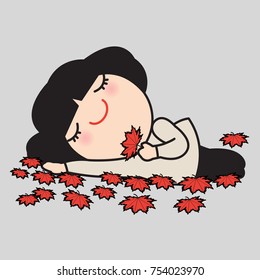 Cute Girl Is Lying On Autumn Leaves That Falling On The Ground Concept Card Character illustration