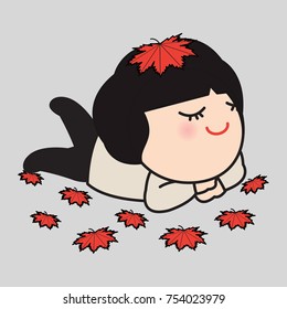 Cute Girl Is Lying On Autumn Ground With Orange Falling Leaves Concept Card Character illustration
