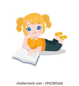 Cute girl lying on the floor to read a book. Flat vector cartoon design isolated on white