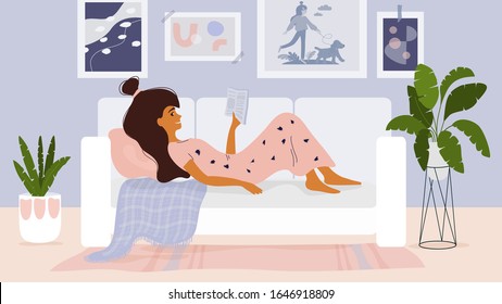 Cute Girl Lying On Sofa And Reading Book. Cozy Modern Scandinavian Interior With Posters, Moodboard, Houseplants. Young Woman Spending Time At Home. Slow Life Or Wellness Concept. Vector Illustration.