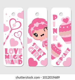 Cute girl, magic wand, and cupcake vector cartoon illustration for Valentine label tags design, postcard and sticker set