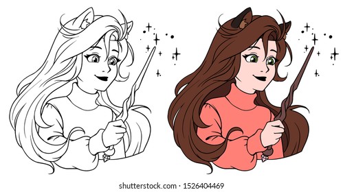 Cute girl with magic wand. Hand drawn cartoon illustration. Can be used for coloring book, tattoo, sticker, card, t shirt design.