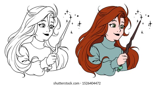 Cute girl with magic wand. Hand drawn cartoon illustration. Can be used for coloring book, tattoo, sticker, card, t shirt design.