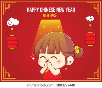 Cute girl Make a wish on happy chinese new year cartoon character illustration Premium Vector