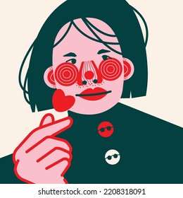 A cute girl makes a heart-shaped hand gesture. Vector postcard, card, poster, illustration, design 