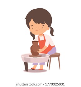 Cute Girl Making Clay Pot, Kids Hobby or Creative Activity Cartoon Vector Illustration