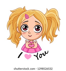 Cute girl. Girl making heart shape with hands. Illustration of a Valentine's Day.   Vector illustration in a cartoon style. Isolated on white background.