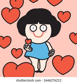 Cute Girl Making Mini Heart Signs By Thumbs. Love Is All Around In Valentine Days Concept Card Character illustration