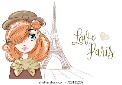 Cute girl is making the picture near by the Eiffel Tower in Paris, romantic style fashion teenager portrait, autumn look young woman vector illustration art