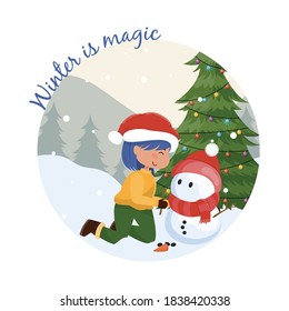 Cute girl making snowman cartoon Christmas illustration with inspirational Winter is magic quote lettering.