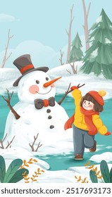 Cute girl making snowman in the snow in winter