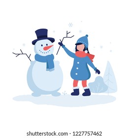 Cute girl making a snowman vector illustration in flat design. Winter background with trees, bushes and flying snowflakes for creating banner, postcards and web graphics. Cheerful cartoon characters.