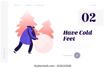 Cute Girl Making Snowman Website Landing Page. Woman Rolling Snow Ball on Winter Landscape Background with Fir Trees and Snowdrifts. Vacation Sparetime Web Page Banner Cartoon Flat Vector Illustration