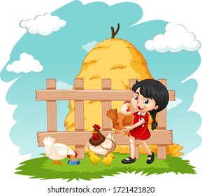 Cute girl and many chickens on the farm illustration
