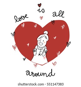Cute girl with many hearts falling and being all around her. Love is all around. Valentine' s Day Card. Vector illustration.