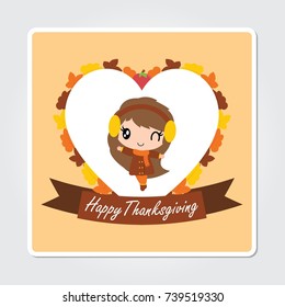 Cute girl in maple leaves wreath on love frame vector cartoon illustration for thanksgiving's day card design, wallpaper and greeting card 
