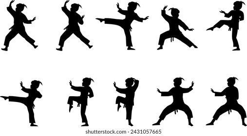 cute girl martial art silhouette set