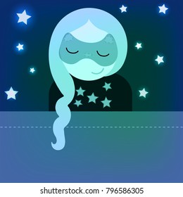 Cute girl in the mask for sleep and shining stars. Flat vector.