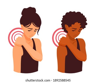 A Cute Girl Massaging Her Sore Neck With Her Hand. Neck Pain. Trapezius Muscle Spasm. Shoulder Pain. The Human Spine Hurt. A Woman Touching Ache Neck After The Workout. A Vector Cartoon Illustration.