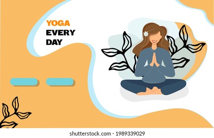 Cute girl meditates and practices yoga. Young woman in the lotus position. The concept of release from a stressful situation. Template for business card, banner or advertisement of online yoga. Vector