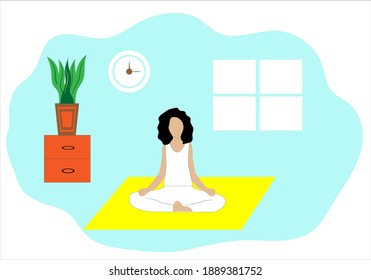 Cute girl meditates in the room. Yoga and meditation. Stay at home. Vector illustration in flat style.