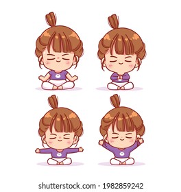 Cute girl meditating collection cartoon art illustration