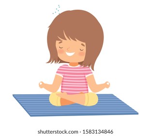 Cute Girl Meditating in Lotus Position, Adorable Kid Practicing Yoga, Active Healthy Lifestyle Vector Illustration