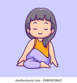 Cute Girl Meditation Yoga Cartoon Vector Icon Illustration. People Sport Icon Concept Isolated Premium Vector. Flat Cartoon Style