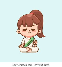 Linda chica meditación yoga kawaii chibi personaje mascota ilustración diseño de estilo de contorno