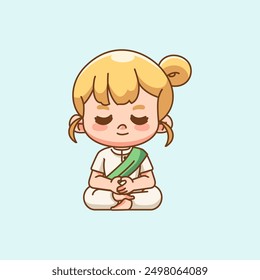 Cute girl meditation yoga kawaii chibi character mascot illustration outline style design