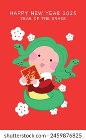 Cute girl medusa holding good luck charm for chinese new year 2025. Girl with snakes hair or gorgon girl vector illustration for chinese new year of the snake 2025. Chinese character fu for good luck.