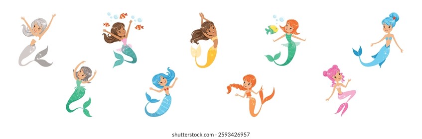 Cute Girl Mermaid Character with Female Body and Fish Tail Vector Set