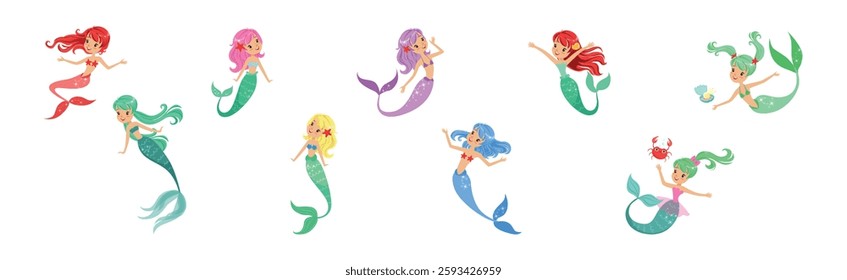 Cute Girl Mermaid Character with Female Body and Fish Tail Vector Set