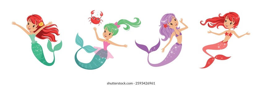 Cute Girl Mermaid Character with Female Body and Fish Tail Vector Set