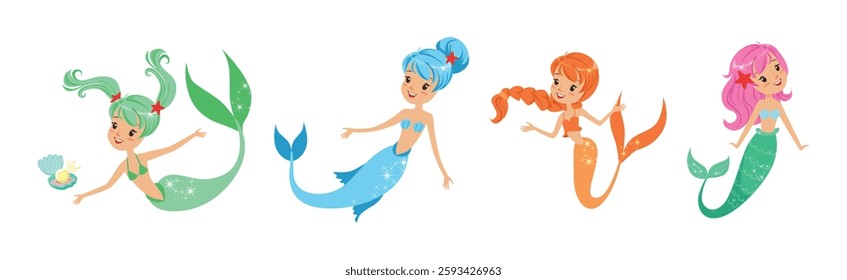 Cute Girl Mermaid Character with Female Body and Fish Tail Vector Set