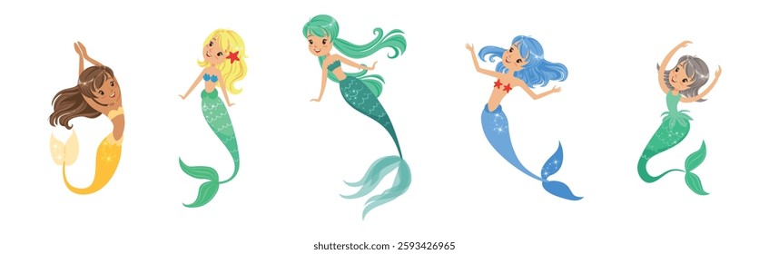 Cute Girl Mermaid Character with Female Body and Fish Tail Vector Set