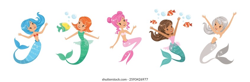 Cute Girl Mermaid Character with Female Body and Fish Tail Vector Set